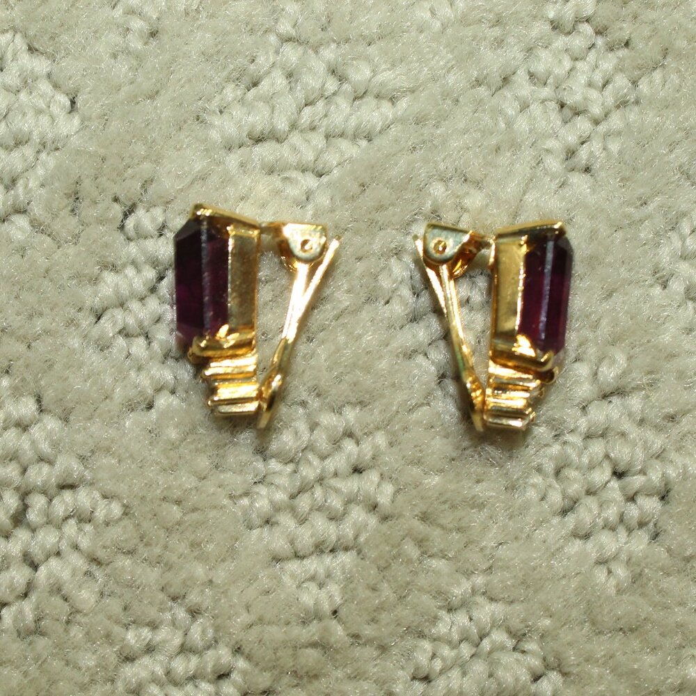 Vtg Christian Dior Simulated Amethyst Rhinestone Clip On Earrings 1980s Signed - Picture 6 of 6